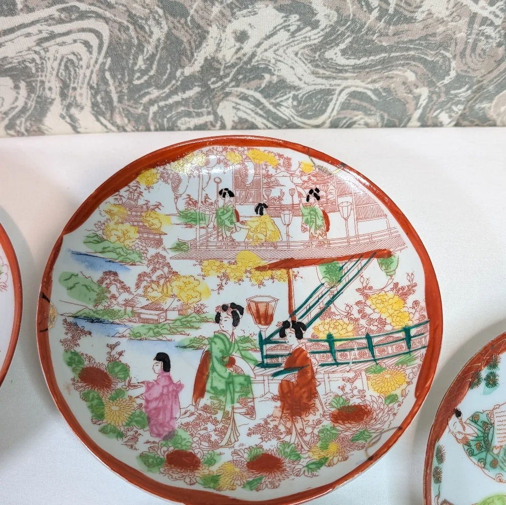 Vintage Japanese Kutani Porcelain Hand Painted Plates Set Of 7